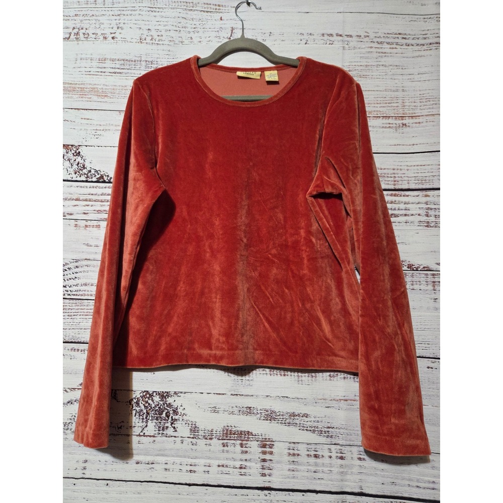 Limited America Womens XL Velvet Long Sleeve Top Burnt Orange Rust Crew Neck